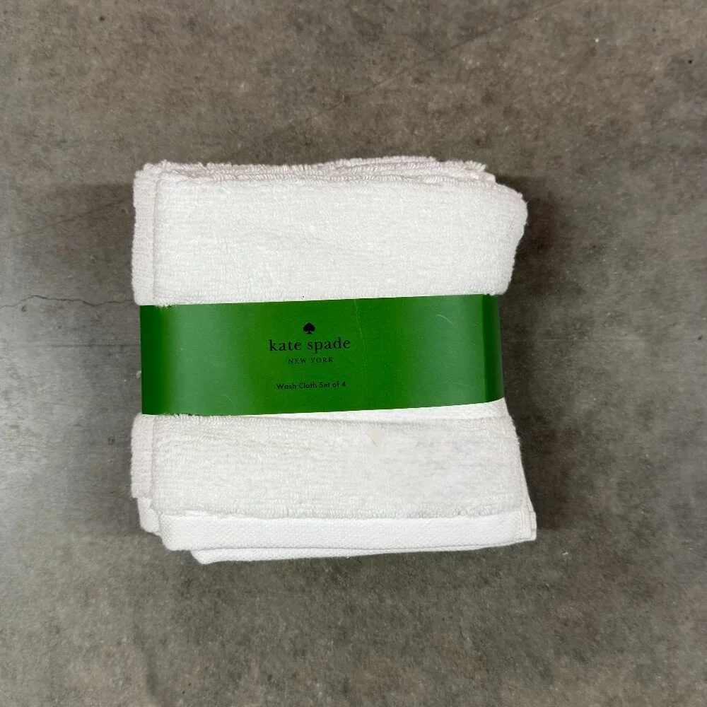 4 pc Kate Spade Bright White Washcloth Set 100% Cotton Striped Solid 2 Stripes